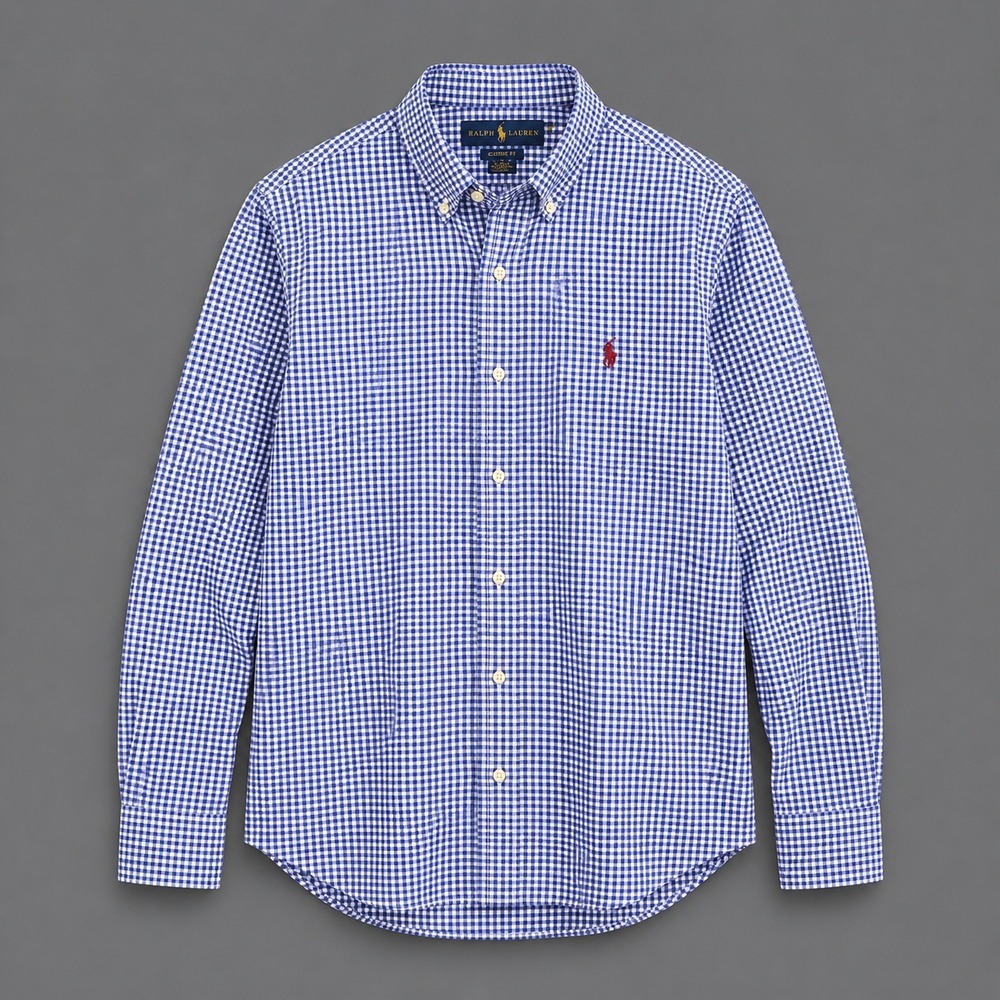 Ralph Lauren Mens Small Classic Fit Gingham Cotton Stretch Shirt Blue White